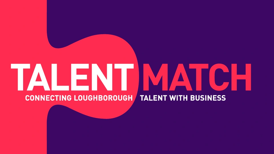 Purple background with pink jigsaw piece. 'Talent Match: Connecting Loughborough Talent with Business' text in white.