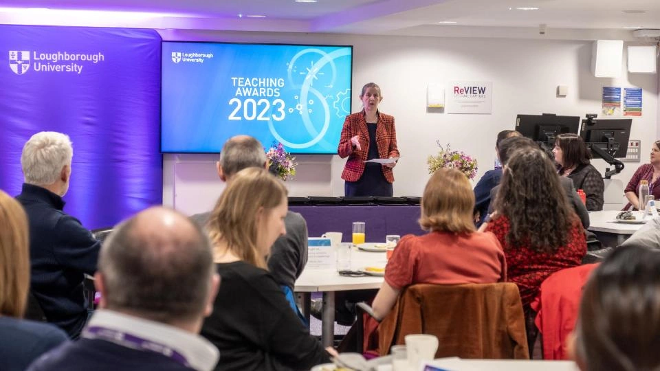 Professor Rachel Thomson speaking to attendees in a room at the 2023 Teaching Awards