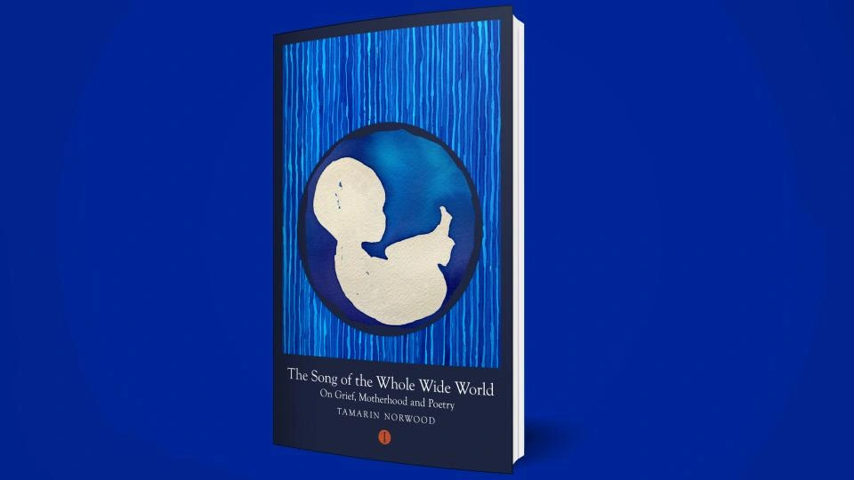 Blue book cover of a fetus inside a bubble shape, 'The Song of the Whole Wide World', 'On Grief, Motherhood and Poetry' and Tamarin Norwood is written underneath. 