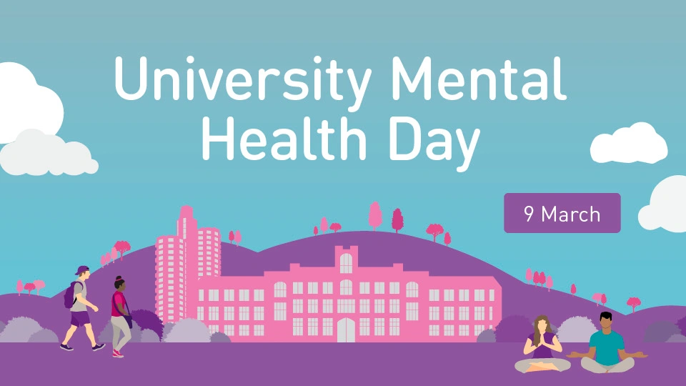 Illustration of people walking in front of the Hazlerigg building with University Mental Health Day written above