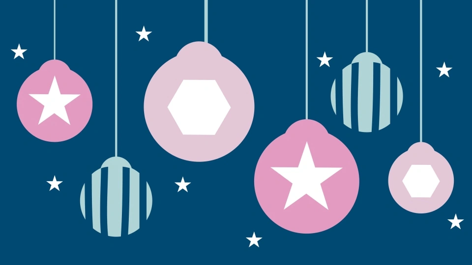 Illustration of six baubles hanging in front of a blue background with white stars.