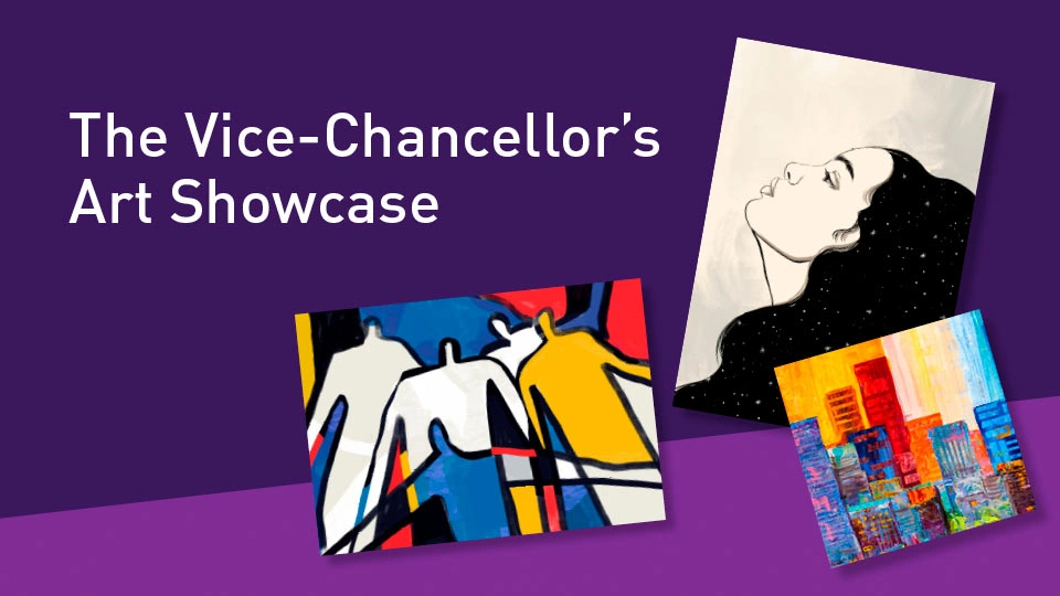 Purple background with artwork in squares 