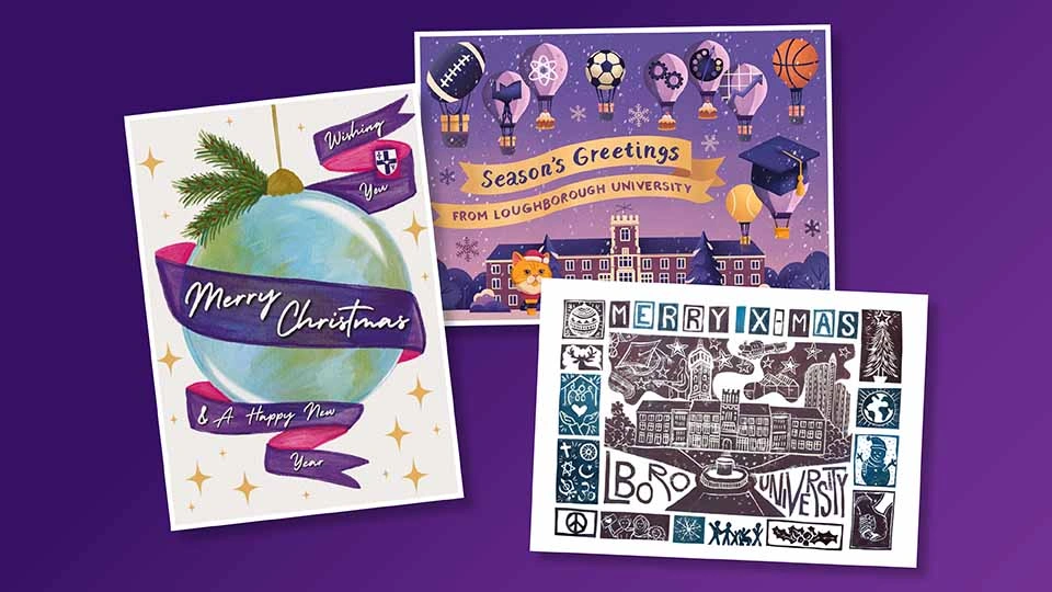 Purple background with three Christmas card designs by Loughborough students