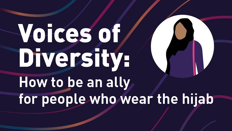 Black background with swirls of colour and illustration of a woman wearing a hijab, along with the event title in white front