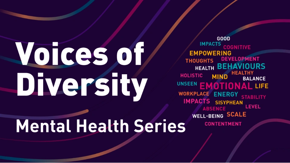 A banner that says "Voices of Diversity: Mental Health Series" with a collection of mental health related terms organised into the shape of a brain