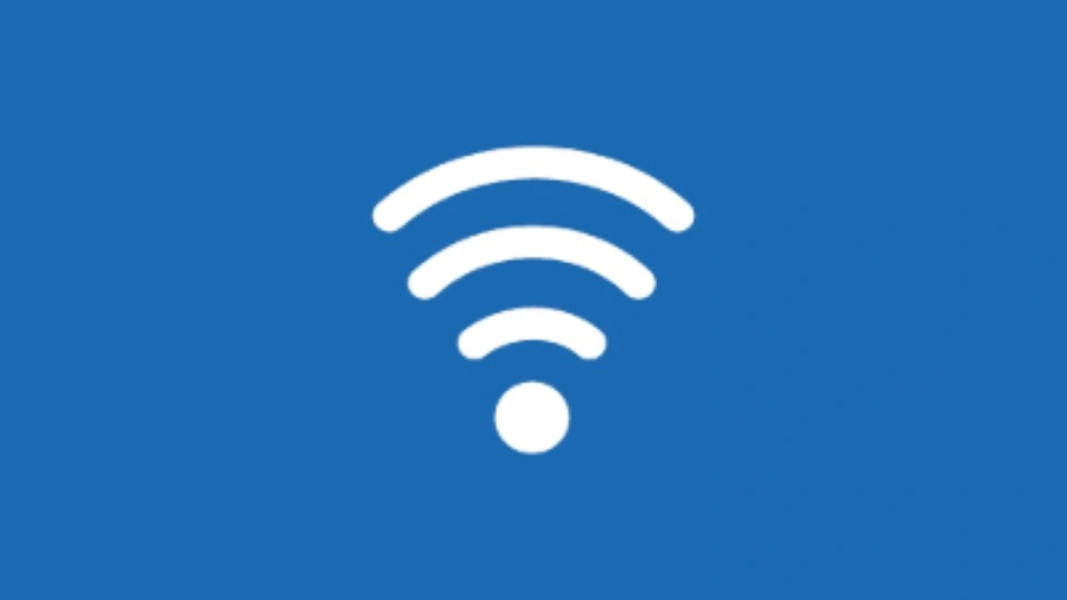 A white icon of a dot with curved lines emitting above it on a blue background