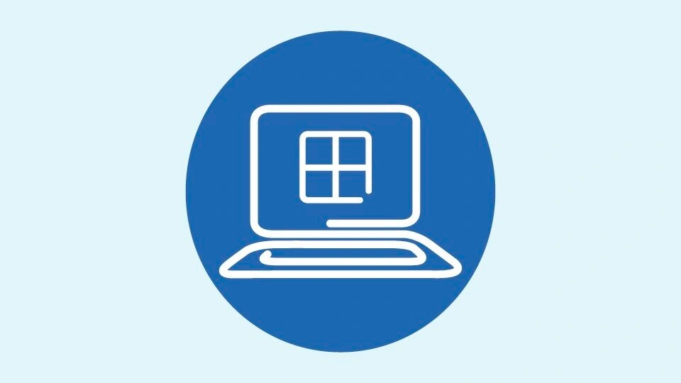 Pale blue background and a blue icon of a laptop with the Windows logo on the screen.