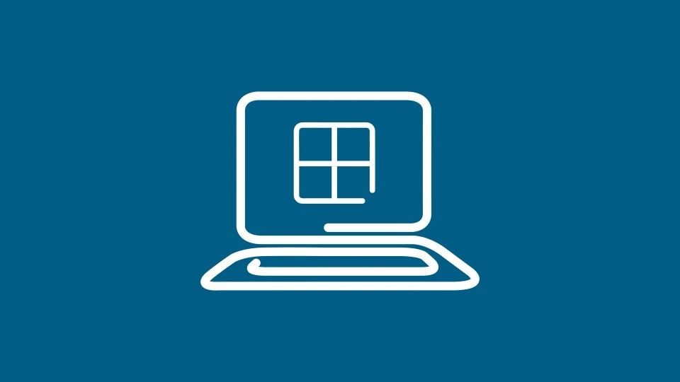 Blue background with a white icon of a laptop with the Windows logo on the screen