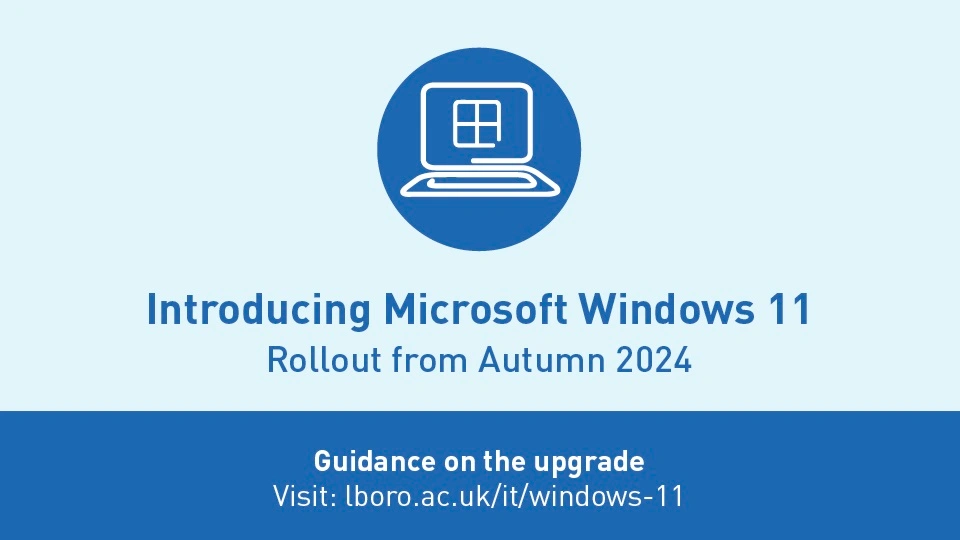 Blue graphic with a computer icon with text announcing the Windows 11 upgrade project