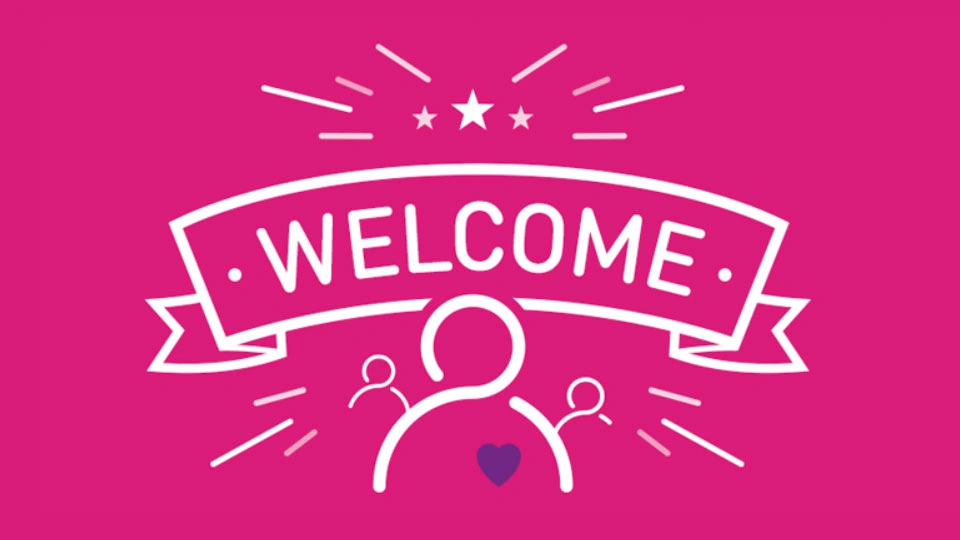 Pink background with icons of people. Welcome banner is over the heads of the people.