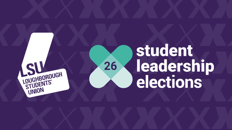 Purple background with a teal cross shape with '26' in the middle, alongside the LSU logo and title 'student leadership elections'.