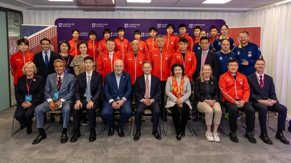 Players from the Chinese Table Tennis Team are pictured with the Vice-Chancellor of Loughborough University Professor Nick Jennings, China's UK Ambassador Zheng Zeguang and other dignitaries