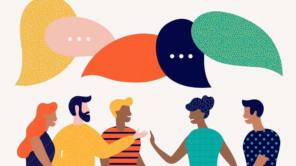 A graphic of five people with speech bubbles above their heads