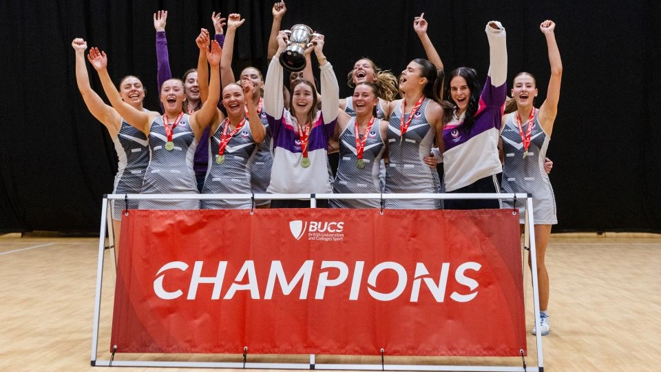 The Loughborough University Netball Team celebrate their win at BUCS Big Wednesday
