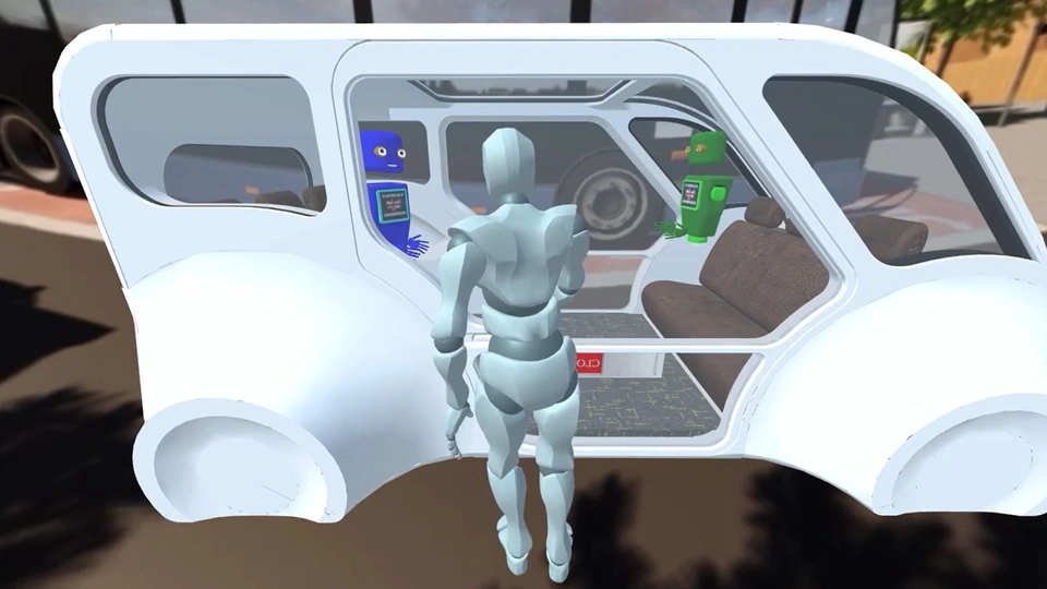 A VR scene of a small autonomous-style vehicle showing a bench seat inside. A grey humanoid figure stands at the doorway facing into the vehicle. Two cartoon-like robot characters—one blue and one green—are displayed on interior screens or panels, appearing to interact with the passenger. A large bus and city street elements are visible blurred in the background.