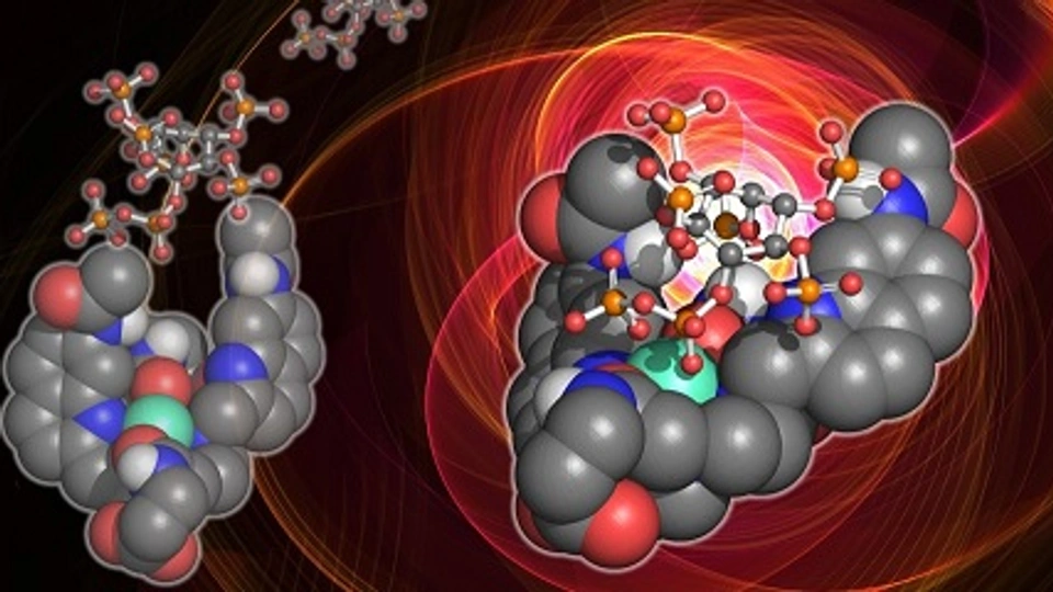 Image of the researchers’ small molecule probe binding to 5-PP-InsP5 and emitting bright red light. This image was generated by Dr Felix Plasser, Loughborough University.