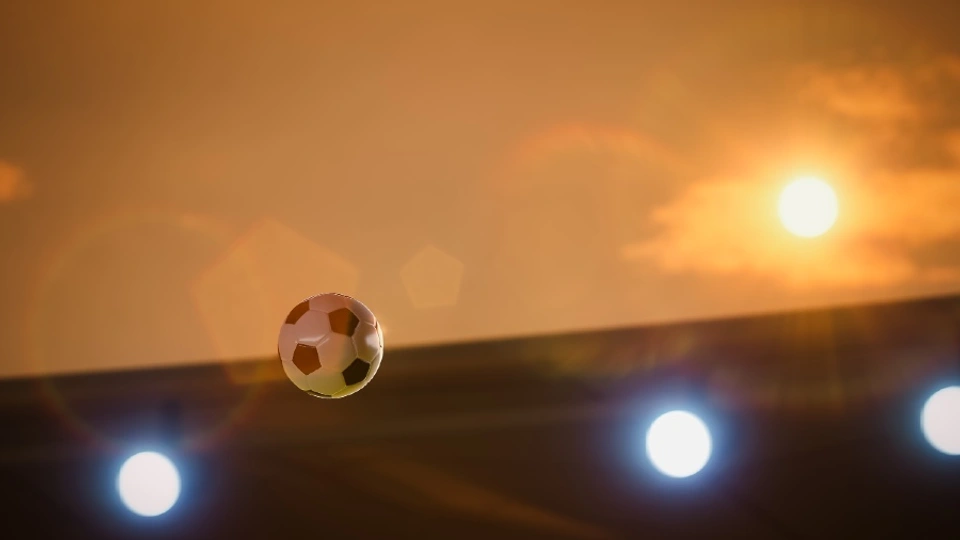 A football flying through the air with a blazing sun in the background