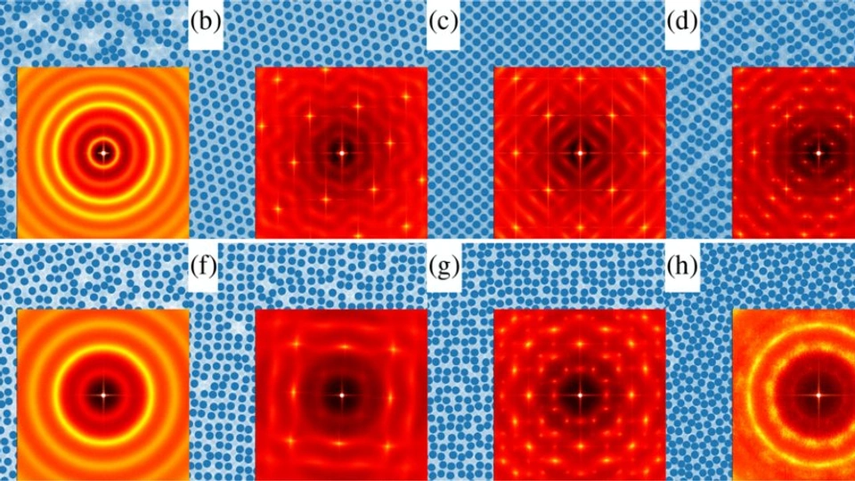 Images from the study showing particle arrangements (blue) and their patterns (red), generated using the new method, which rapidly maps phase diagrams and identifies crystal structures – including quasicrystals (g and h). Original figure and caption at: https://journals.aps.org/prl/abstract/10.1103/nbvt-fgjy