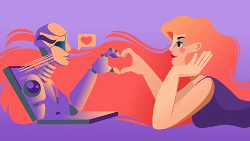 Image of a woman and chatbot making a heart symbol with their hands