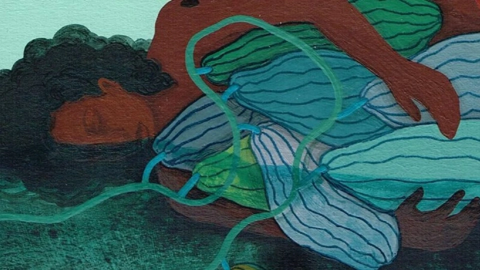 A painting called Subsidence by Otobong Nkanga. It shows a naked black woman lying on her side, hugging what appears to be a number of large green marrows