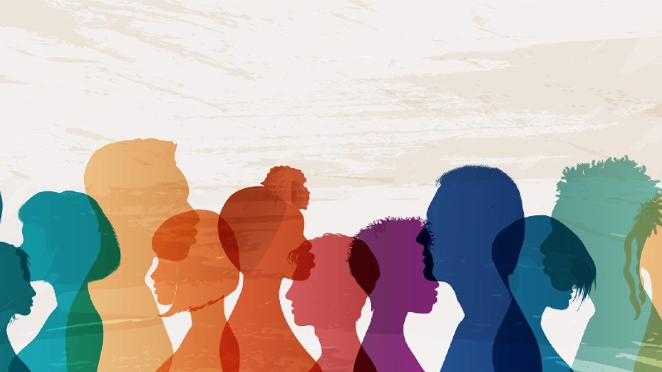 An illustration with about a dozen people shown in different colours representing their diverse backgrounds