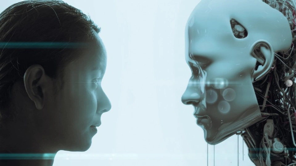 a girl and a robot stare each other out